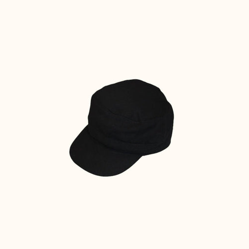 A black five-panel cadet cap with a curved brim, shown from a three-quarters angle on a solid off-white background.
