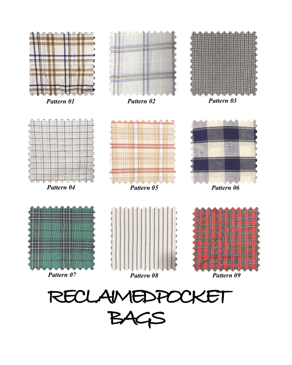 A catalog-style sheet showing nine fabric swatches labeled Pattern 01 through Pattern 09, with the text 'RECLAIMED POCKET BAGS' below. The swatches include plaid, check, stripe, and solid color variations in beige, gray, green, orange, navy, red, and white.